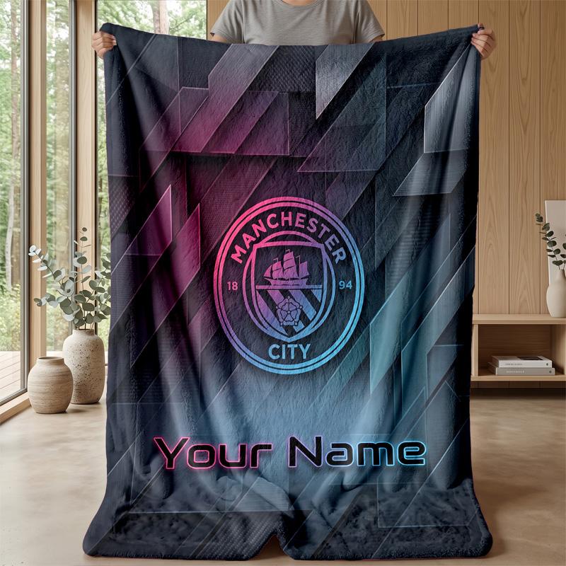 Custom Text Flannel Throw Blanket, Lightweight Cozy Bed Sofa BlanketManchester City