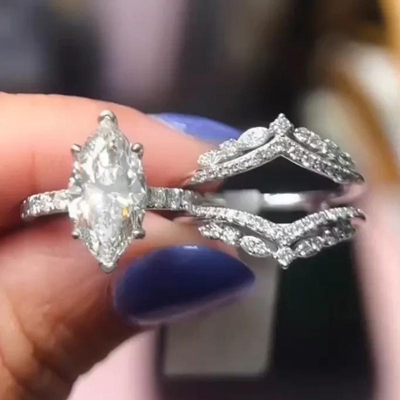 Huitan Marquise Cubic Zirconia Rings Set for Women 2-pieces Crystal Rings Luxury Trendy Wedding Band Accessories Modern Zircon 6