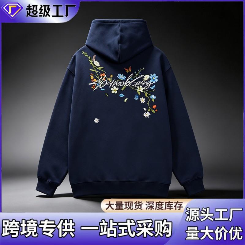 Unisex Oversized Hoodie With Floral Embroidery Retro Streetwear Cotton Blend Sweatshirt