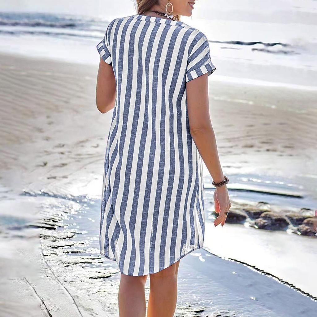 Women's Casual Cotton And Linen Striped Printed Short Sleeved Shirt Dress
