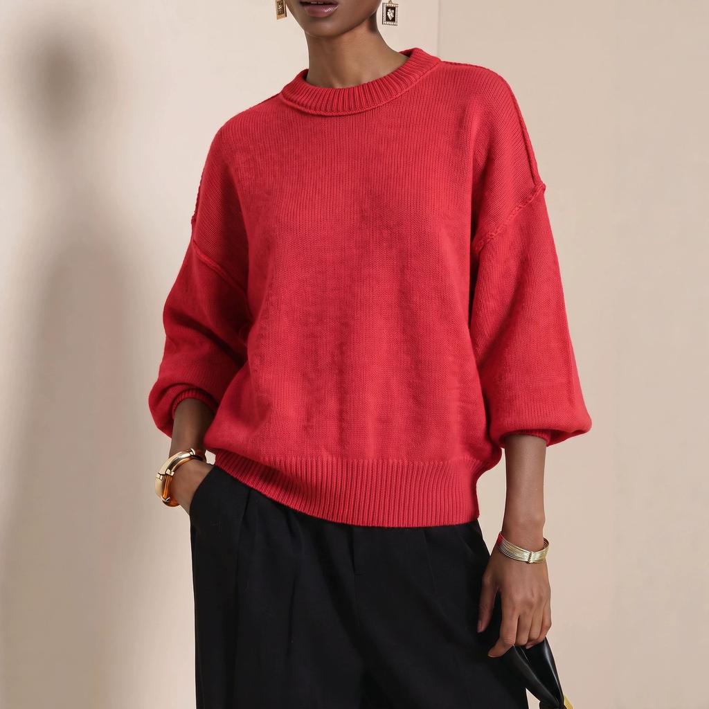 YYFS Moda feminina casual outono inverno cor sólida estampa manga comprida gola redonda suéteres