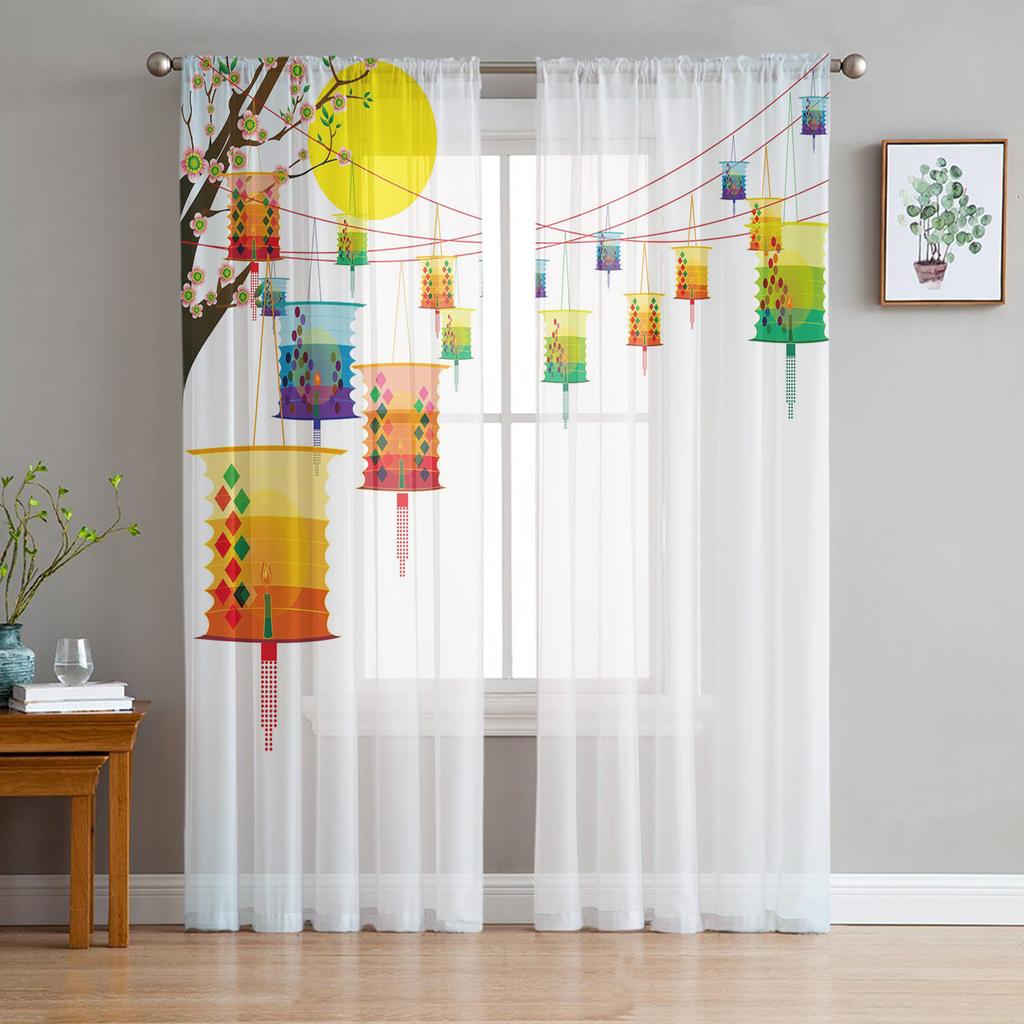 Lanterna Fiore di Pruno Tende Retrò in Garza Per Camera da Letto Bambini Schermo per Cucina Soggiorno Decorazioni per le Feste Tenda Voile