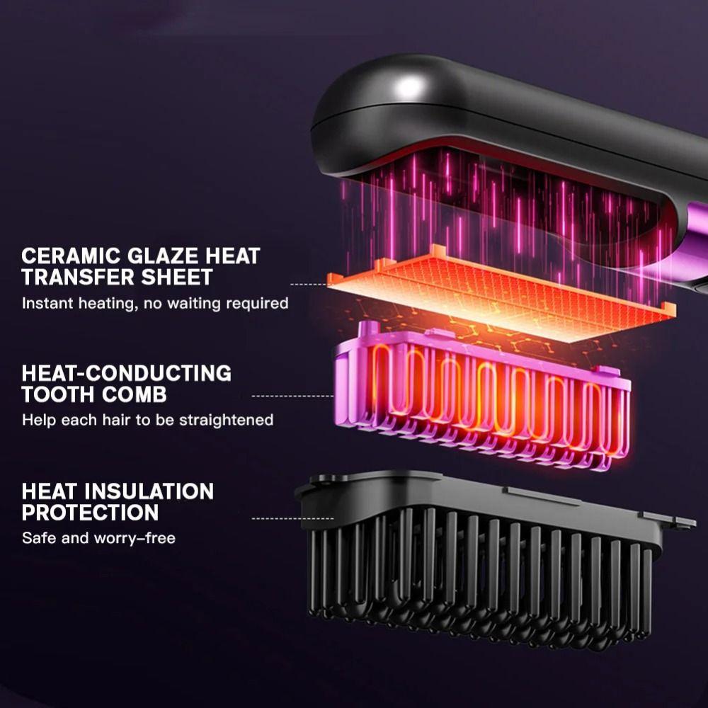 USB Charging Hair Straightener Brush LCD Display Electric Straightening Comb  Travel Use