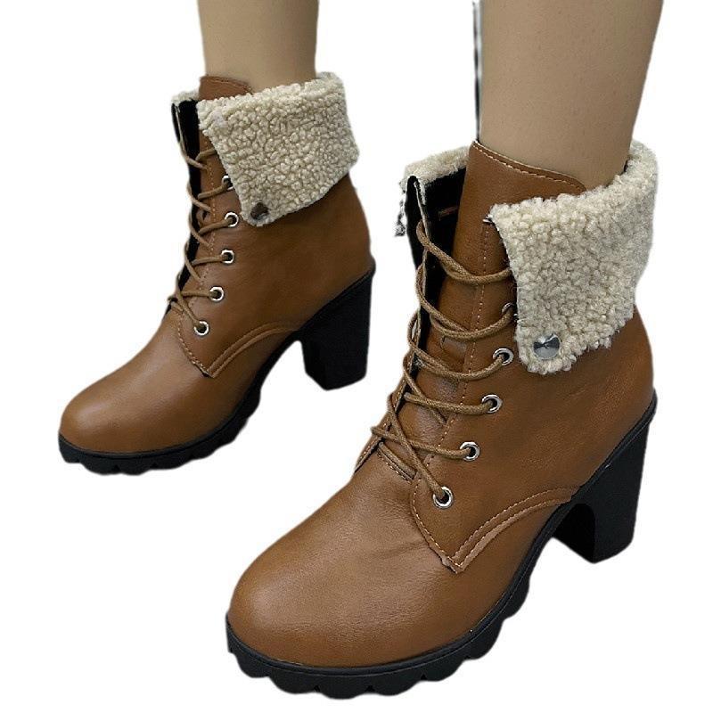 Winter British style round head thick heel large size high heel knight boots women's lace-up fluffy flanged short leather boots