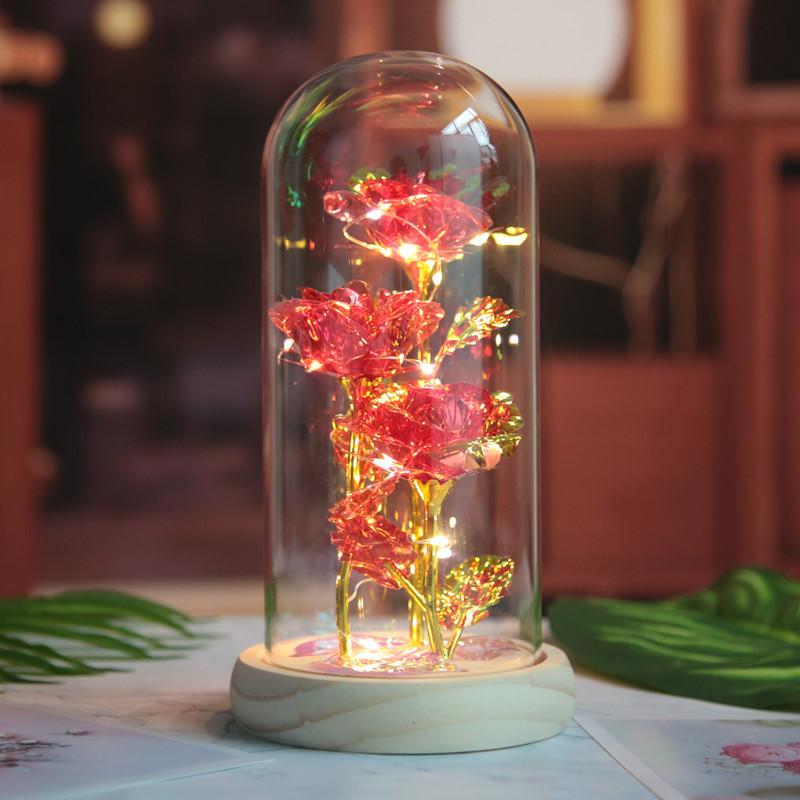 Three Gold Rose Glass Cover Ornament, Creative Valentine's Day Gift, Luminous LED Night Light