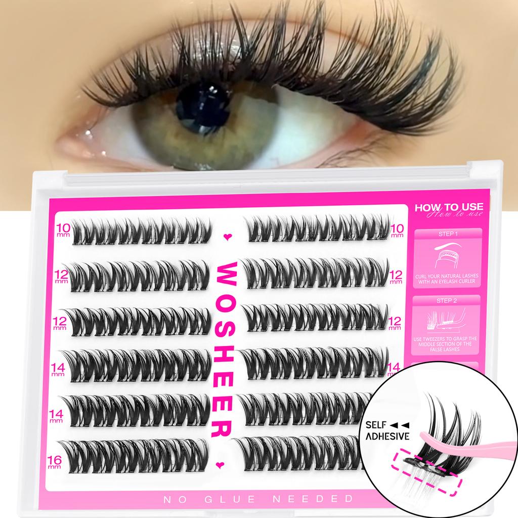 WOSHEER Selbstklebende Wimpern-Cluster Vorgeklebte Wimpern-Cluster Ohne Kleber Benötigt Wimpern Wispy Wimpernverlängerungen Einzelwimpern