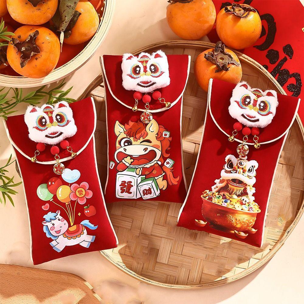 Chinese Style Velvet Red Envelopes 2026 Horse Year Cartoon New Year Money Envelopes Best Wishes Traditional Money Pocket