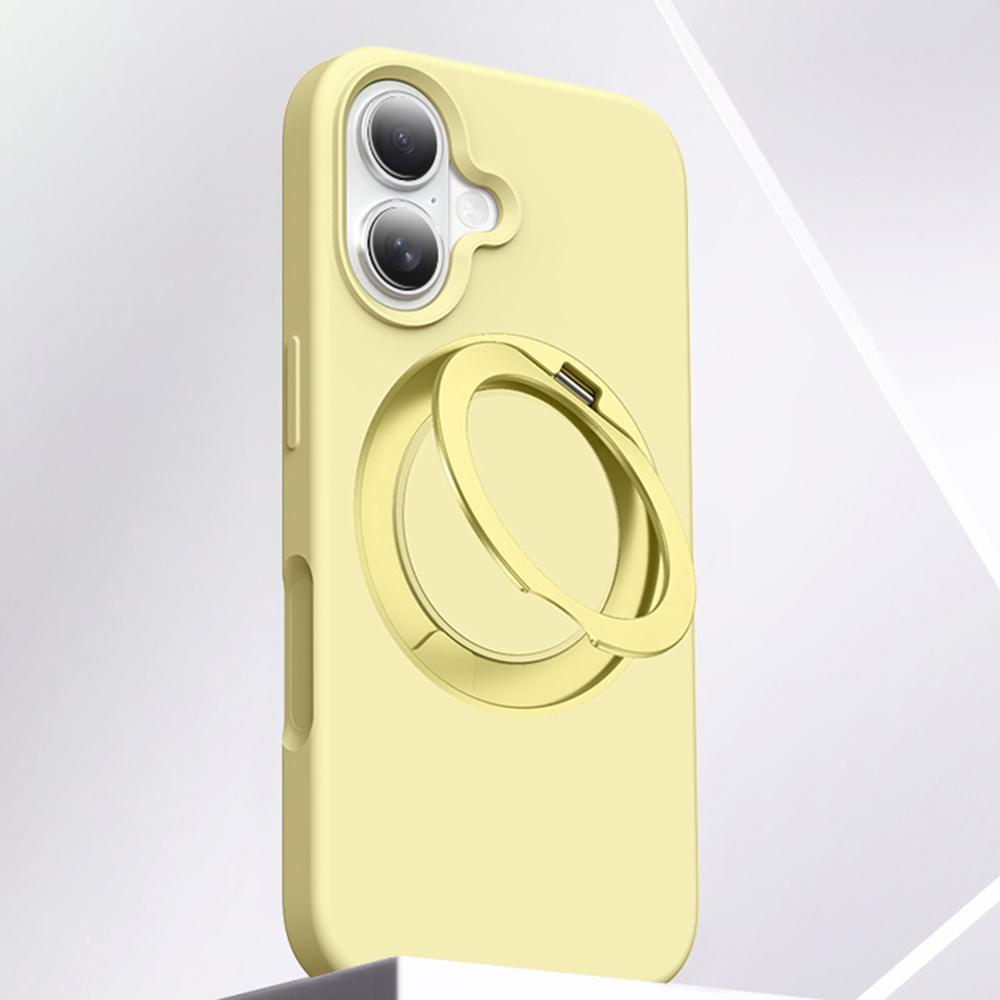 

For iPhone 16 Case Rotating Kickstand Silicone+PC Phone Cover with Camera Touch Control Button Light Yellow