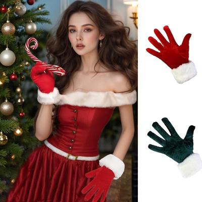 Gold Velvet Santa Cosplay Gloves with Fur Cuff - Women's Warm Short Stage & Photography Accessory