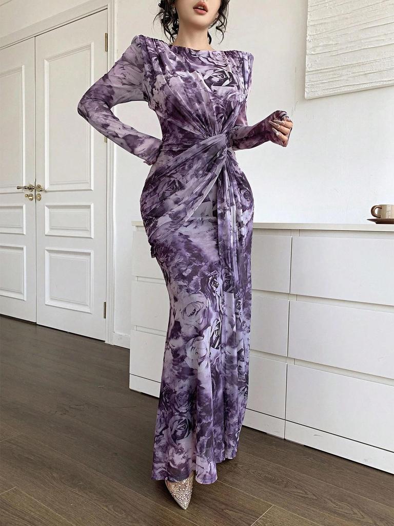 2025 Summer European & American U-Neck Long Sleeve Patchwork Slim Fit Printed Women's Dress
