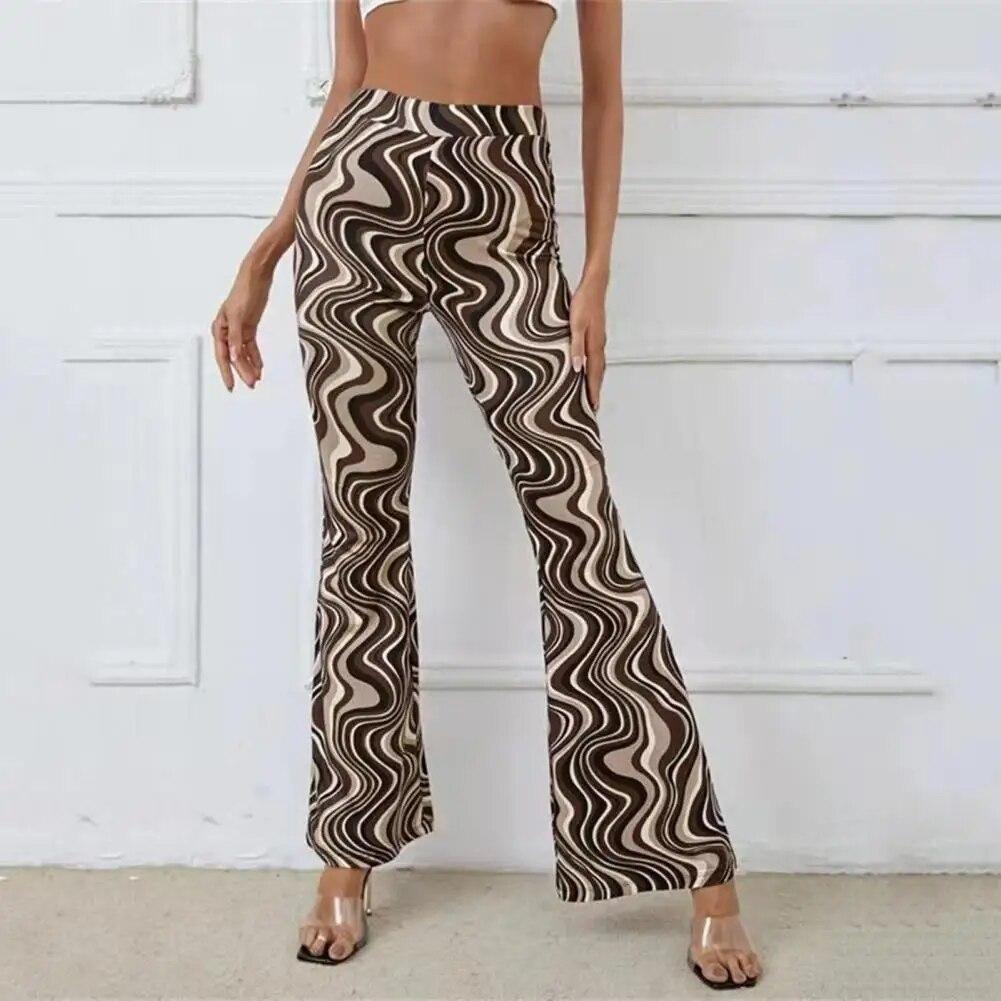 Women Flared Trousers Contrast Color Water Wave Print High Waist Spring Yoga Pants Slim Fit Elastic Waist Bell-bottomed Pants
