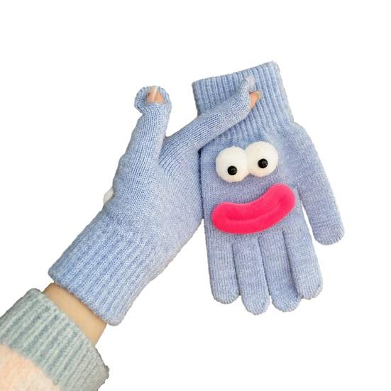Vtipné kreslené pletené rukavice Roztomilé velké oči Teplé rukavice Zimní žebrované rukavice s dotykovou obrazovkou na řízení, dojíždění, cyklistiku, každodenní pochůzky