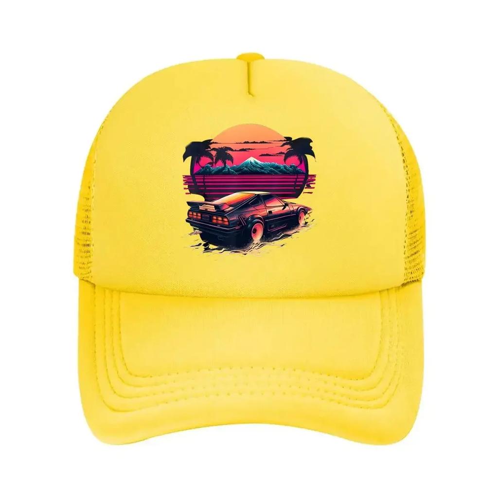 Retro  Style Car with Tropical Sunset Background Mesh Baseball Cap