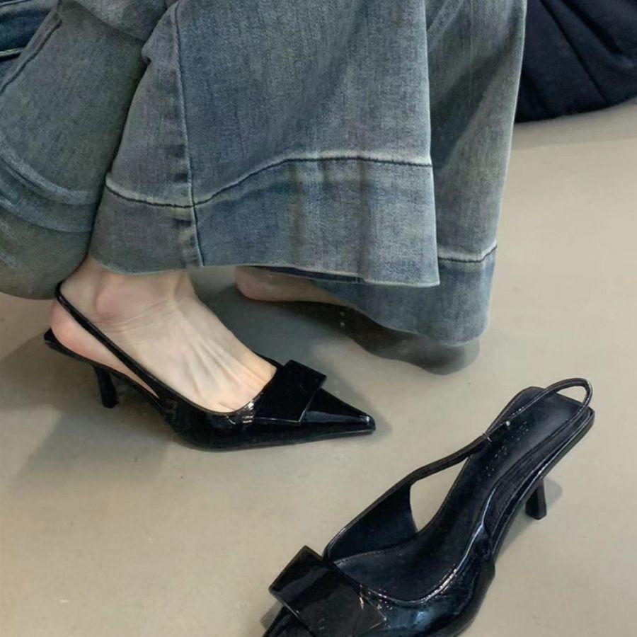 French Temperament Socialite Black High Heels Women's Shoes 2025 New Design Pointed Head Shallow Mouth Thin Heel Empty Sandals