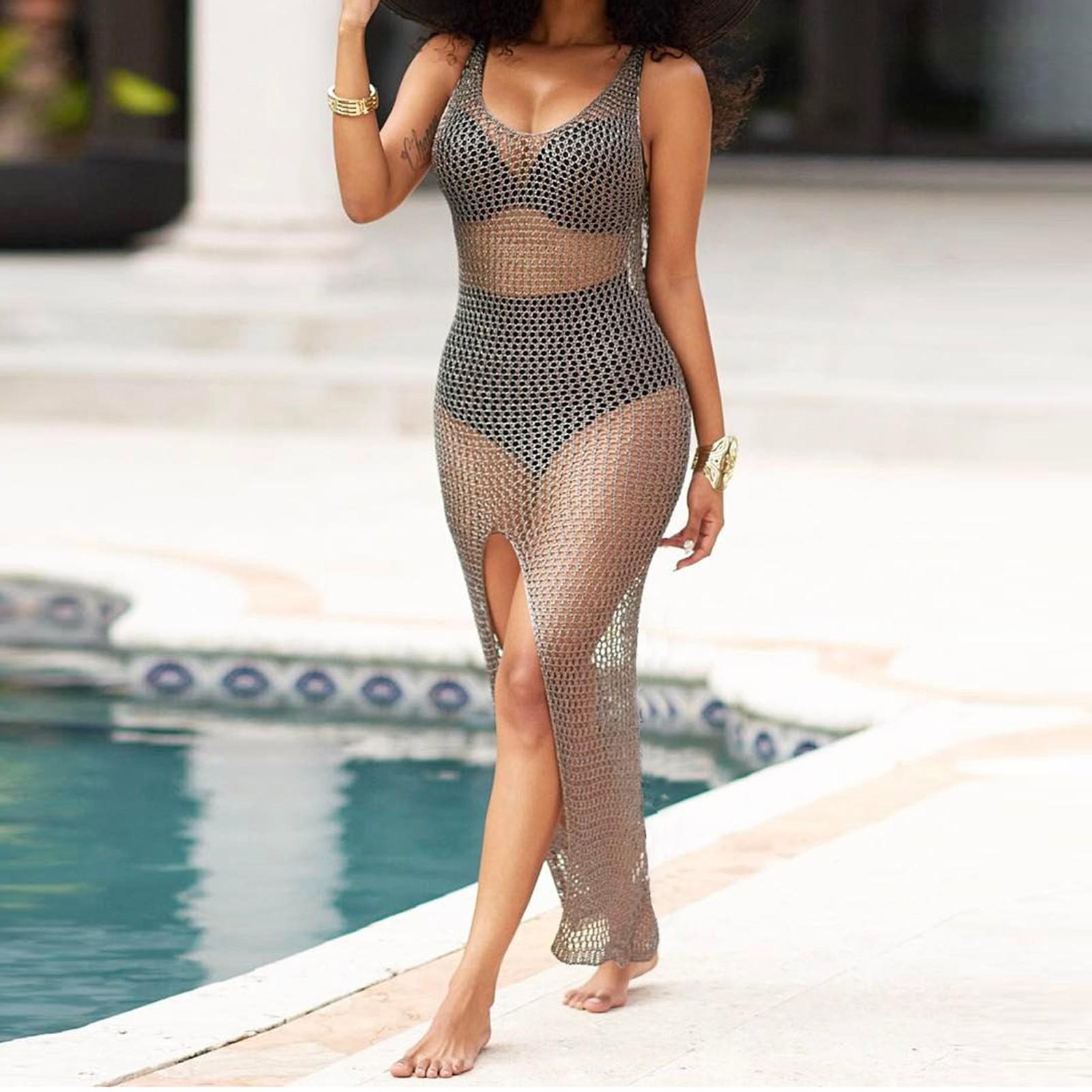 

Женский сексуальный купальник, накидка, прозрачное вязаное крючком пляжное бикини, макси-платья S