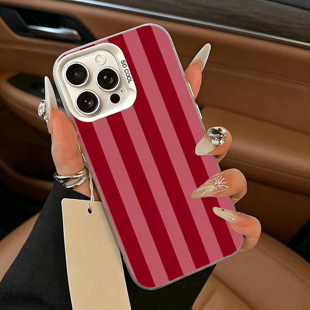 Bordeaux-Weiß gestreifte Handyhülle für iPhone 17,16,15,14,13,12,11 Plus,Pro Max,XS,Weiß-Silber Handyhülle