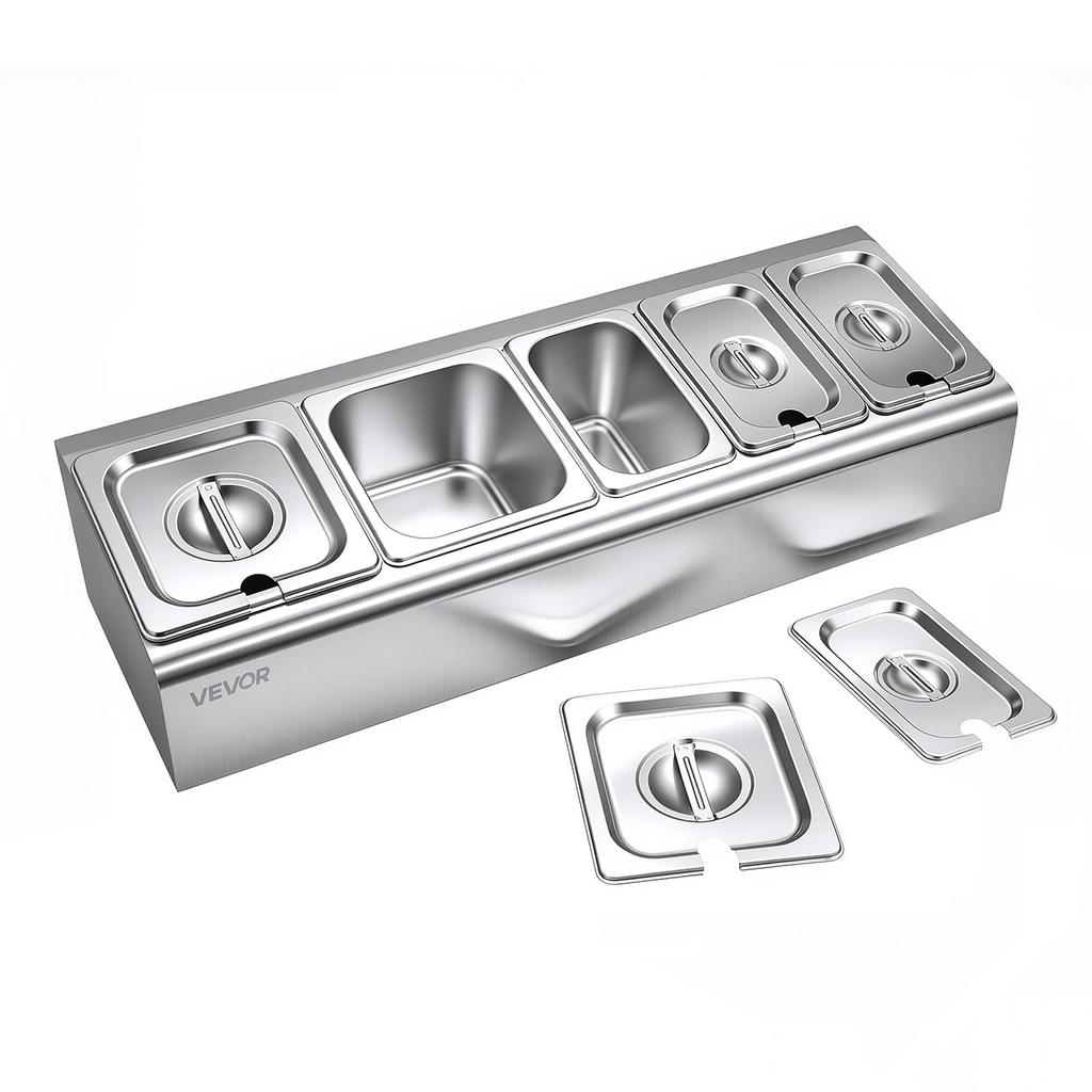 Countertop Food Serving Display Container, Stainless Steel Food Salad Server Tray, Buffet Condiment Dispenser, Ice Cooled Rack with Separate Lid, for