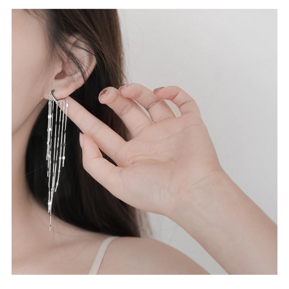 Elegant Long Fringe Earrings with Heart Charm Silver Needle Slimming Face Dangle Drop Earrings for Women