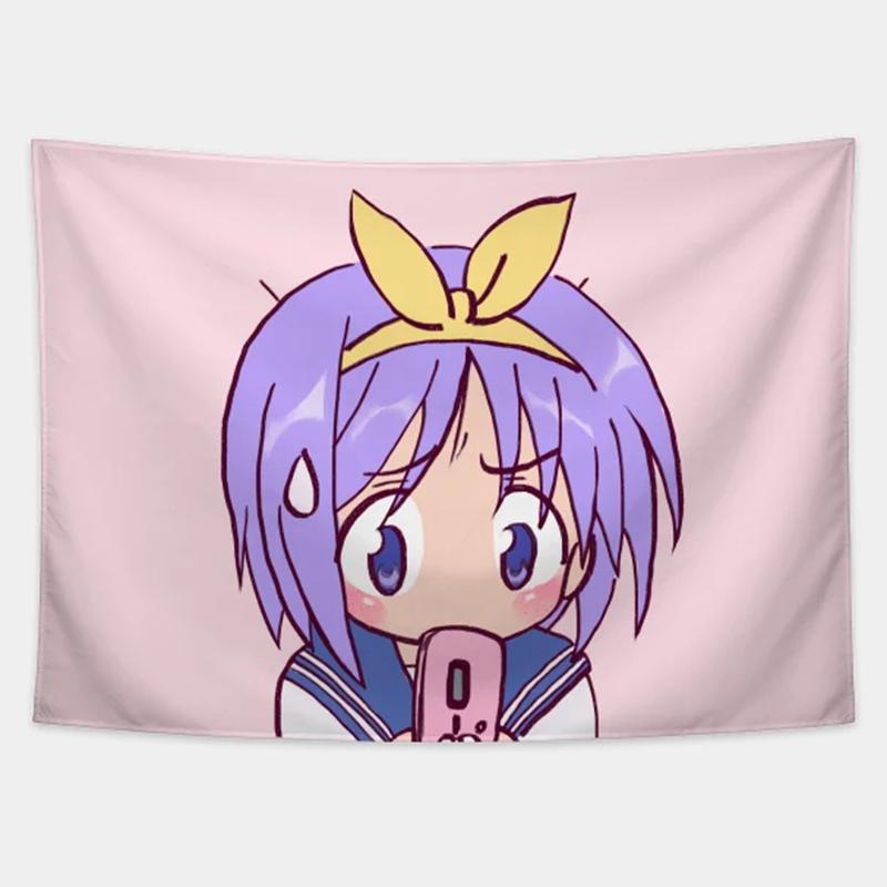 Tsukasa Hiiragi And Her Pink Flip Phone / Lucky Star Tapestry Dormitory Bedhead Sofa Living Room Background Decoration Tapestry