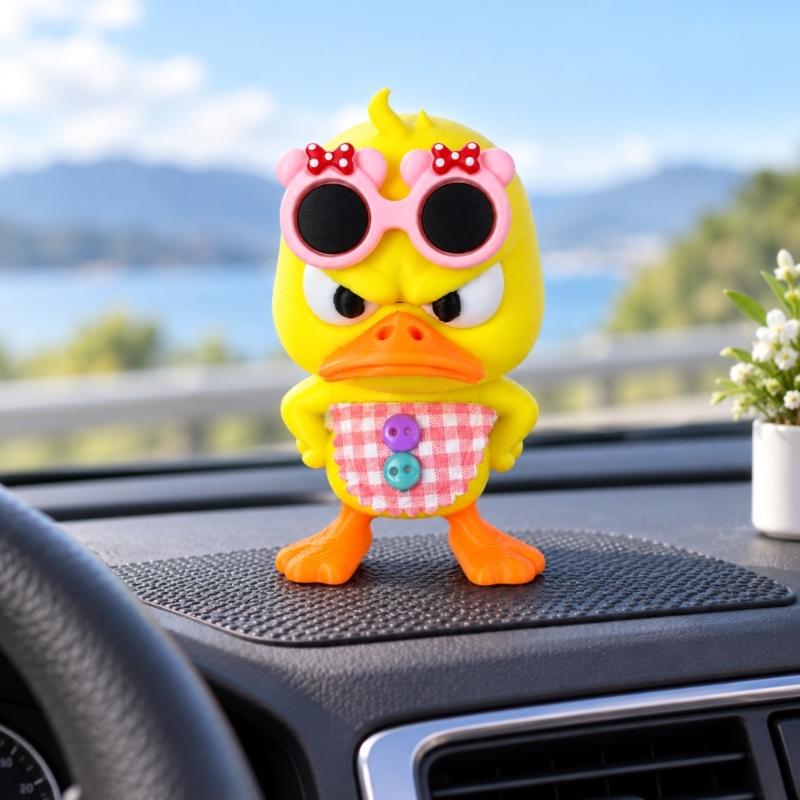 Angry Duck Statues, 2-Piece 3D-Printed Animal Figurines Set Wearing Pink Bowknot Sunglasses and Gingham Aprons for Tabletop Shelf Displays