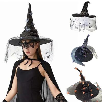 Mesh Yarn Cover Butterfly Witch Hat Butterflies Design Colorful Halloween Witch Hat Durable With Veil Cosplay Accessories