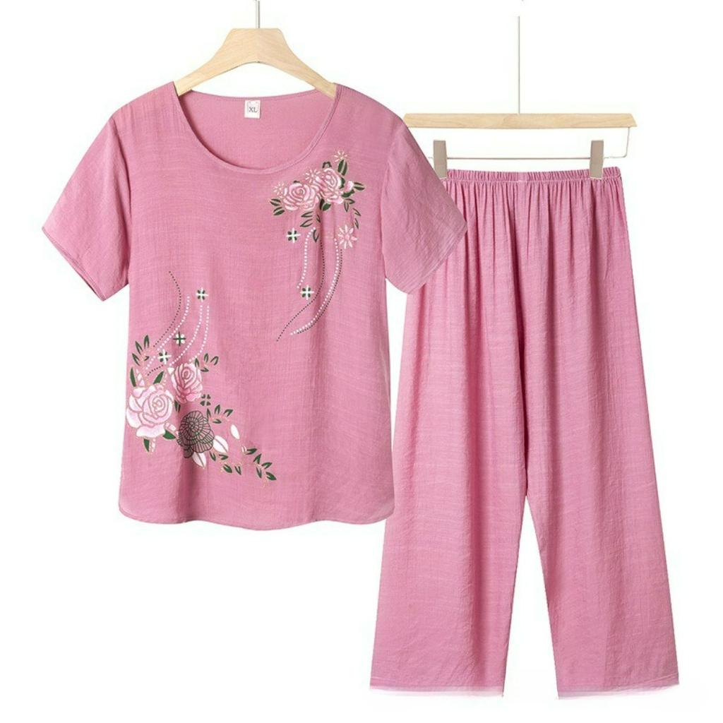 Pajamas Summer Short-sleeved Breathable T-shirt Suit Spring and Autumn Large Size Cotton and Linen Printed Home Service