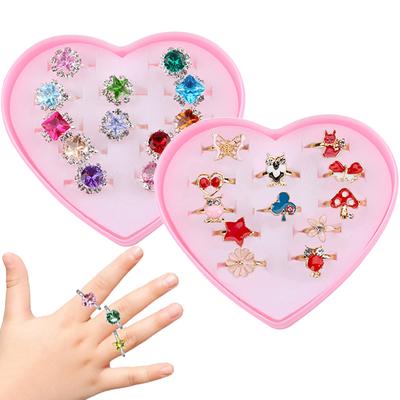12PCS Girls Rings with Box Adjustable Cute Children Gift Pretend Play Makeup Toys Cartoon Jewelry Alloy Animal Style Ring TMZ