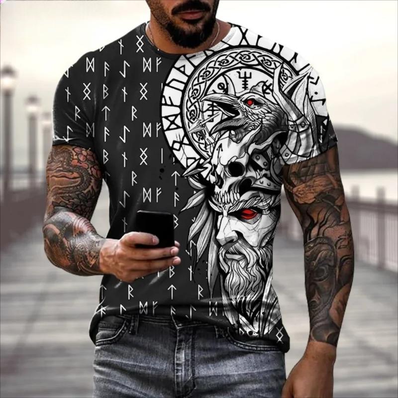 Europe and the United States Selling Viking Tattoo Art T-shirt Men's 3D Printed Round Neck T-shirt Summer Casual Sports Short Sl