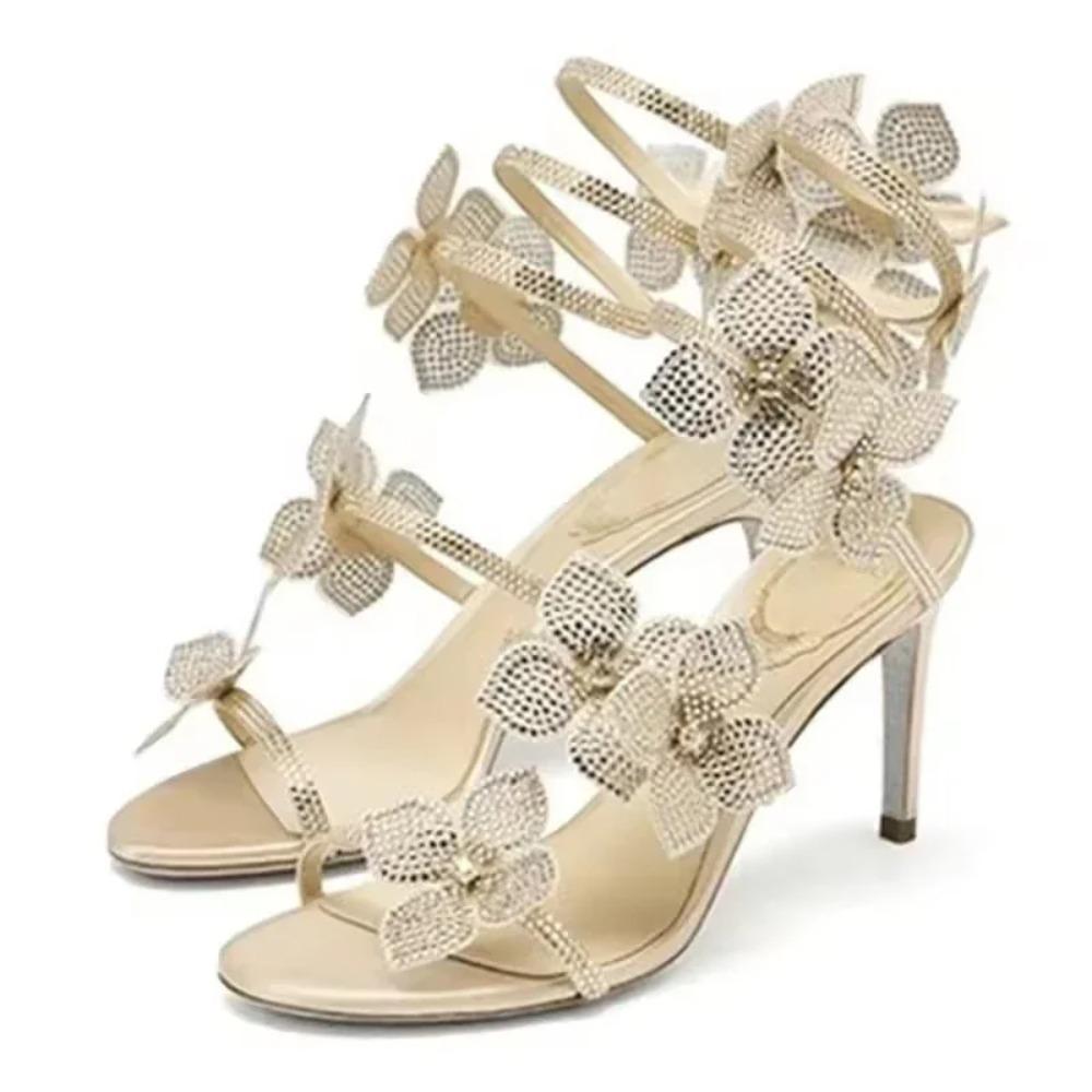 Elegant Pink Wedding Shoes CRYSTAL Bow High Heels Sandals Woman Summer Ankle Strap Thin High Heels Open Toed Party Shoes