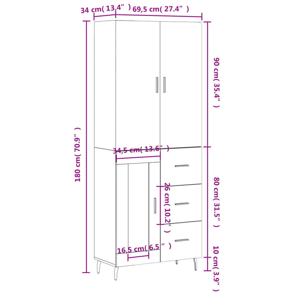 Highboard Gray Sonoma 69.5 X 34 X 180 Cm Particleboard
