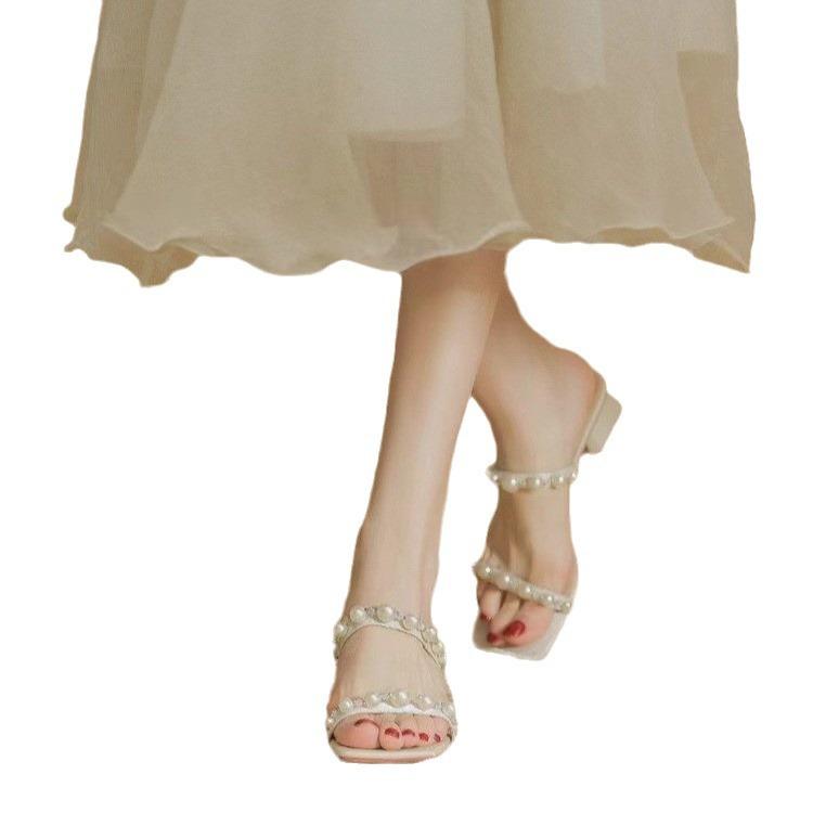 Fairy wind mid-heeled slippers female summer outer wear temperament pearl word strap sandals thick heel high heels sandals