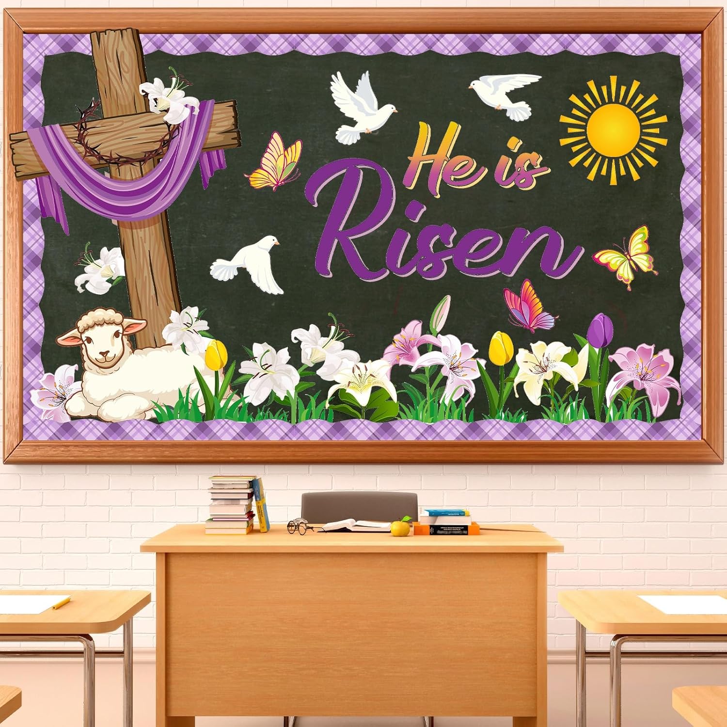 Pajean Spring Easter Classroom Decorations Easter Bulletin Board Set Easter Bunny Eggs He is Risen Cross Cutouts Christian Religious Cutout for Cross