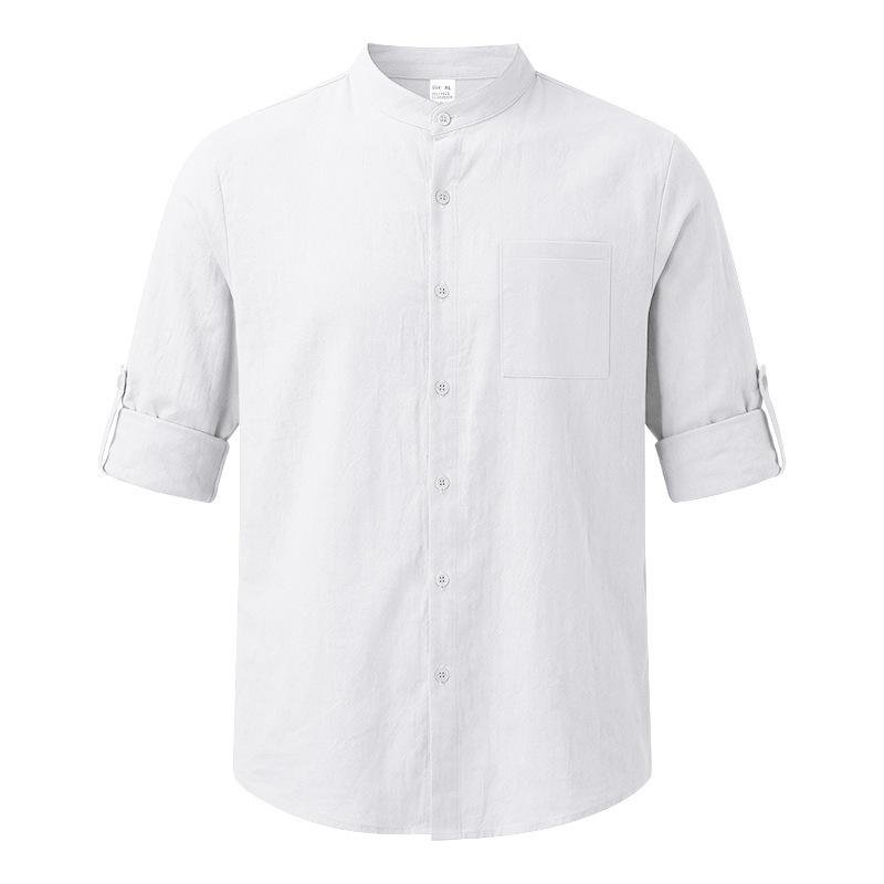 Men Linen‑Blend Button‑Down Shirt Stand Collar Chest Patch Pocket Roll‑Up Sleeve Button Tab Lightweight Breathable Wrinkle‑Resistant Casual Beach Top