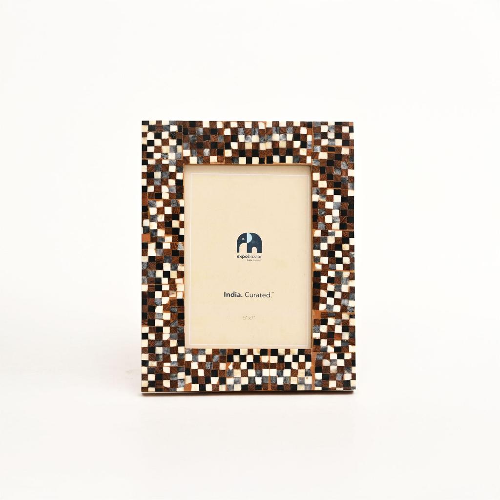 Schachbrettmuster Fotorahmen – Großer 5x7 Handgefertigter Knochenintarsien-Rahmen