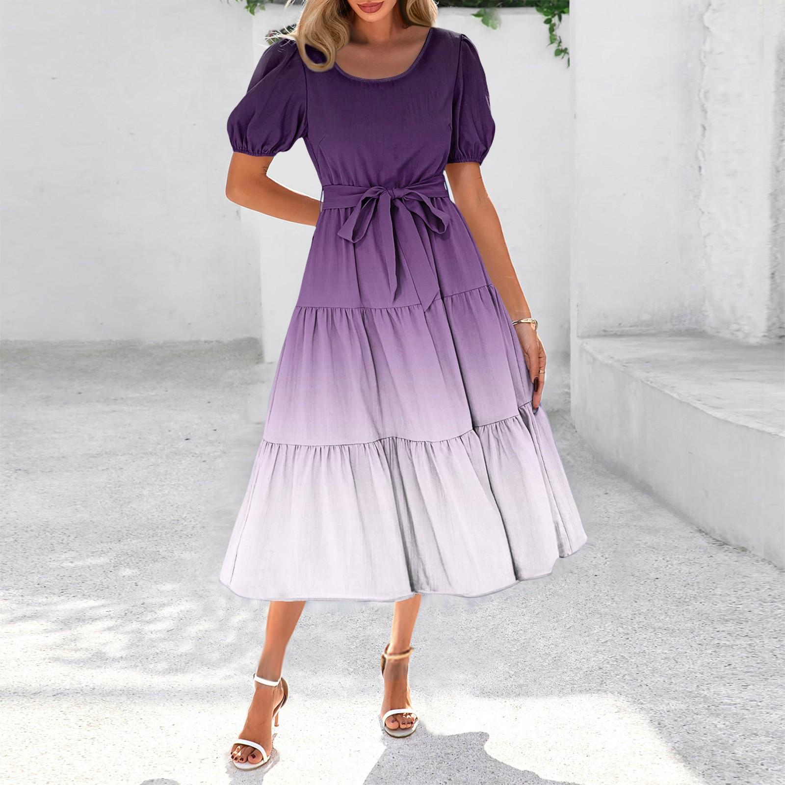 

Women s Summer Short Sleeve Round Neck Waistband Bohemian Flowy Maxi Dress With Pockets XL фіолетовий