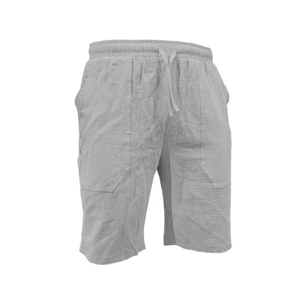 Men's Summer Cotton-Linen Shorts Drawstring Elastic Waistband Straight Leg Solid Color Breathable Casual Beach Shorts Mid-Length