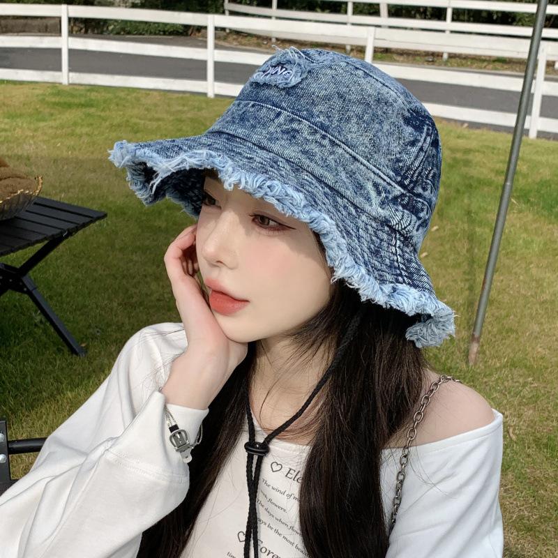 New rough edge washed denim bucket hat autumn and winter face small sun hat retro letters do old basin hat smf tide