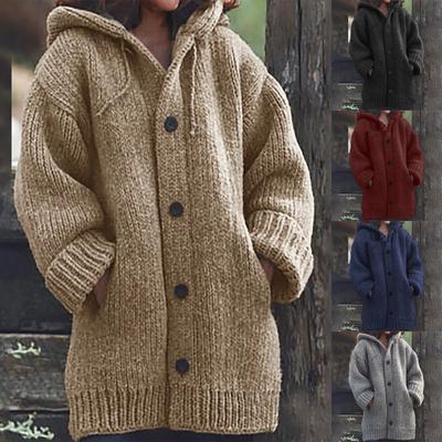 Cardigan Feminino Solto Xale de Bolso Manga Longa Cor Sólida Inverno Mulheres