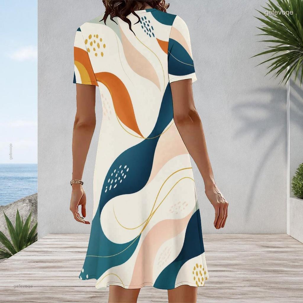 Women Plus Size Round Neck Short Sleeve Printed A Line Midi Dress