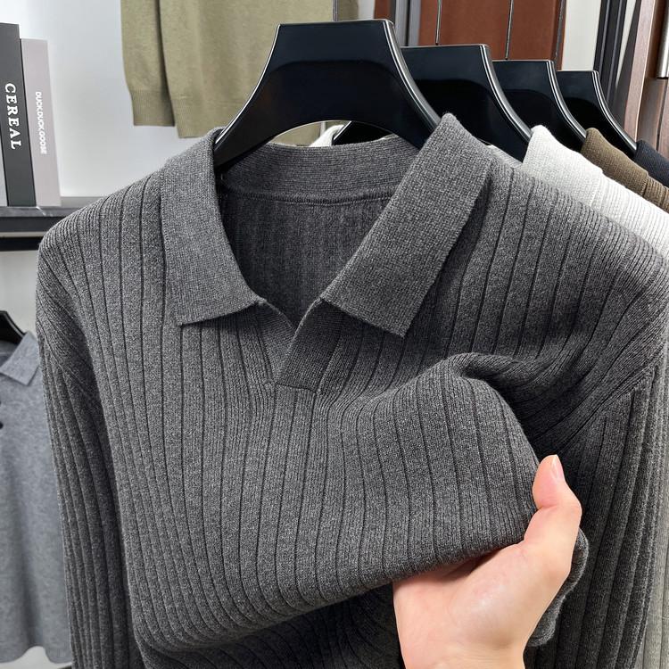 Męski sweter dzianinowy z długim rękawem, gładki, 2025: Wysokiej klasy koszulka polo business casual na wiosnę i jesień
