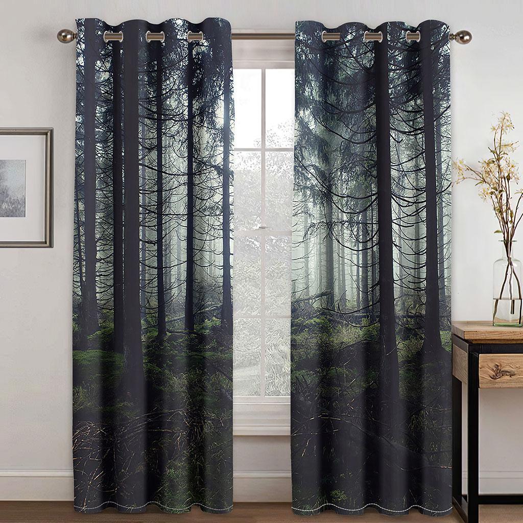 3D Forest Maple Leaf Natural Scenery Sunset Green Trees Design Thin 2 Pieces Curtains for Living Room Bedroom Window Drape Decor