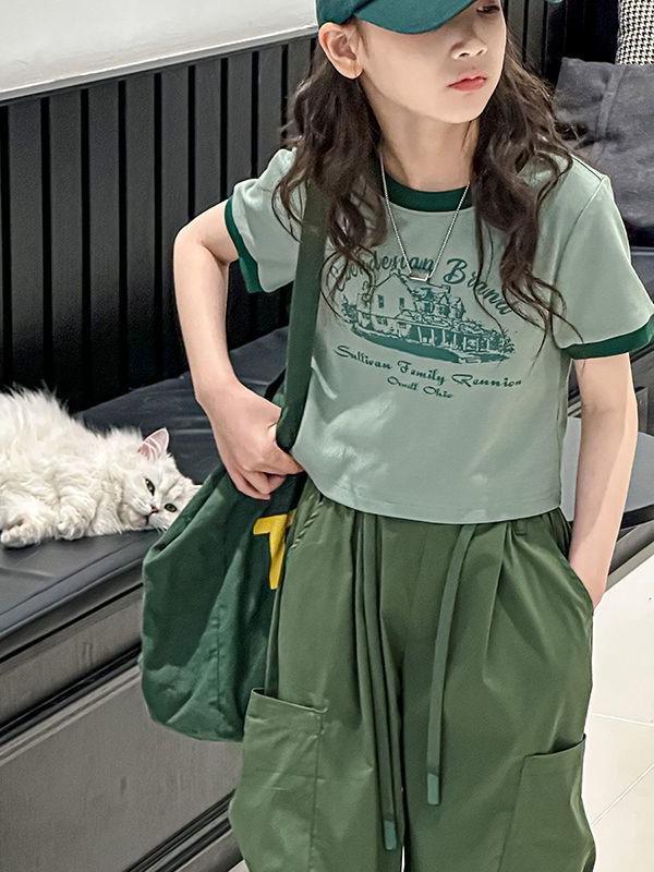2026 Sommer Koreanischer Stil Sportliche Cargohose & T-Shirt Zweiteiliges Set für Mädchen