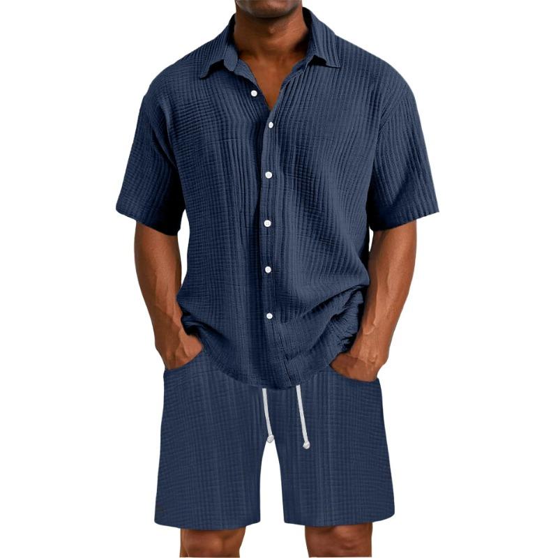 Mens Casual Solid Color Textured Shirt Shorts Two Piece Set