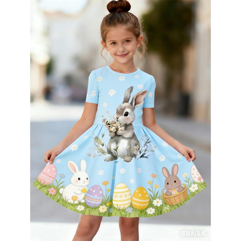 Girls' 3D Rabbit Print Summer Short Sleeve Dress | Crew Neck, A-Line Skirt, Perfect for Beach Outings and Casual Wear