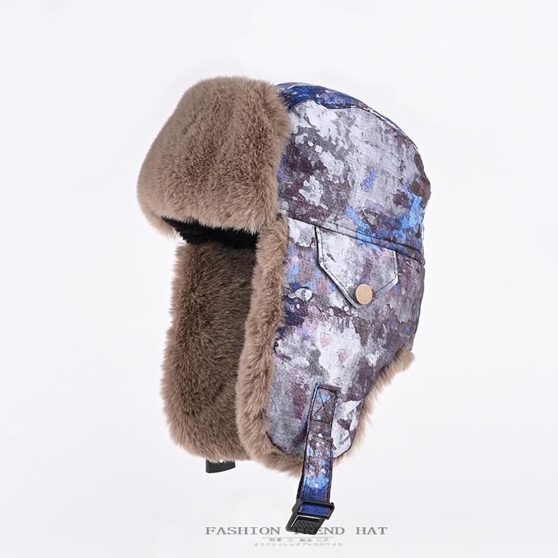 Camouflage Cap Men's and Women's Winter Velvet Thickened Thermal Ear Protection Cotton Hat Outdoor Cycling Pilot Locomotive Hat