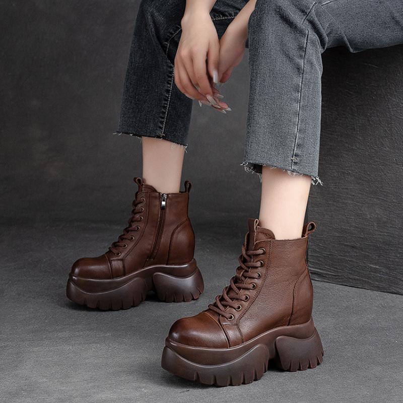 Johnature Pravá kůže Silná podrážka Dámské Kozačky Retro Kulatá špička Boční Zip Klínky Boty na platformě