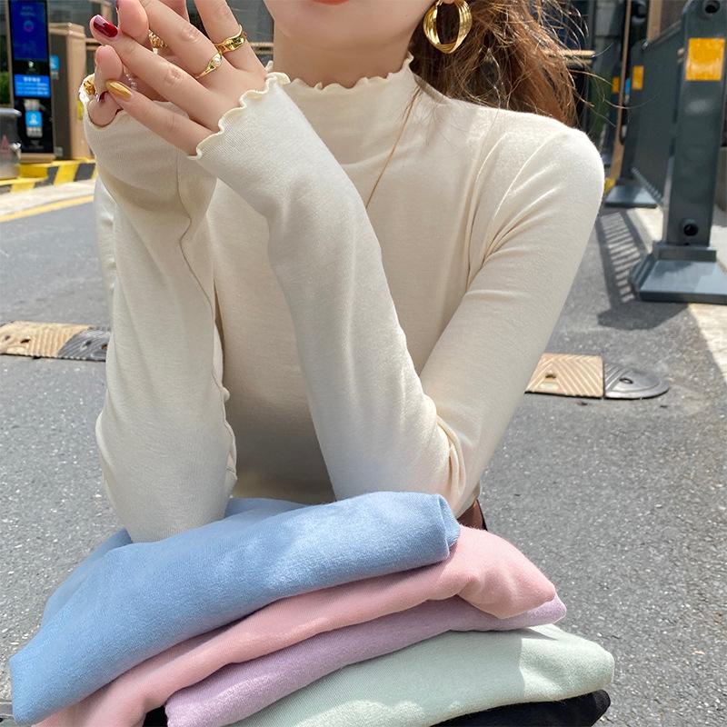 Women's Autumn/Winter 2024 Slim Fit High-Neck Purple Wood Ear Trim Top