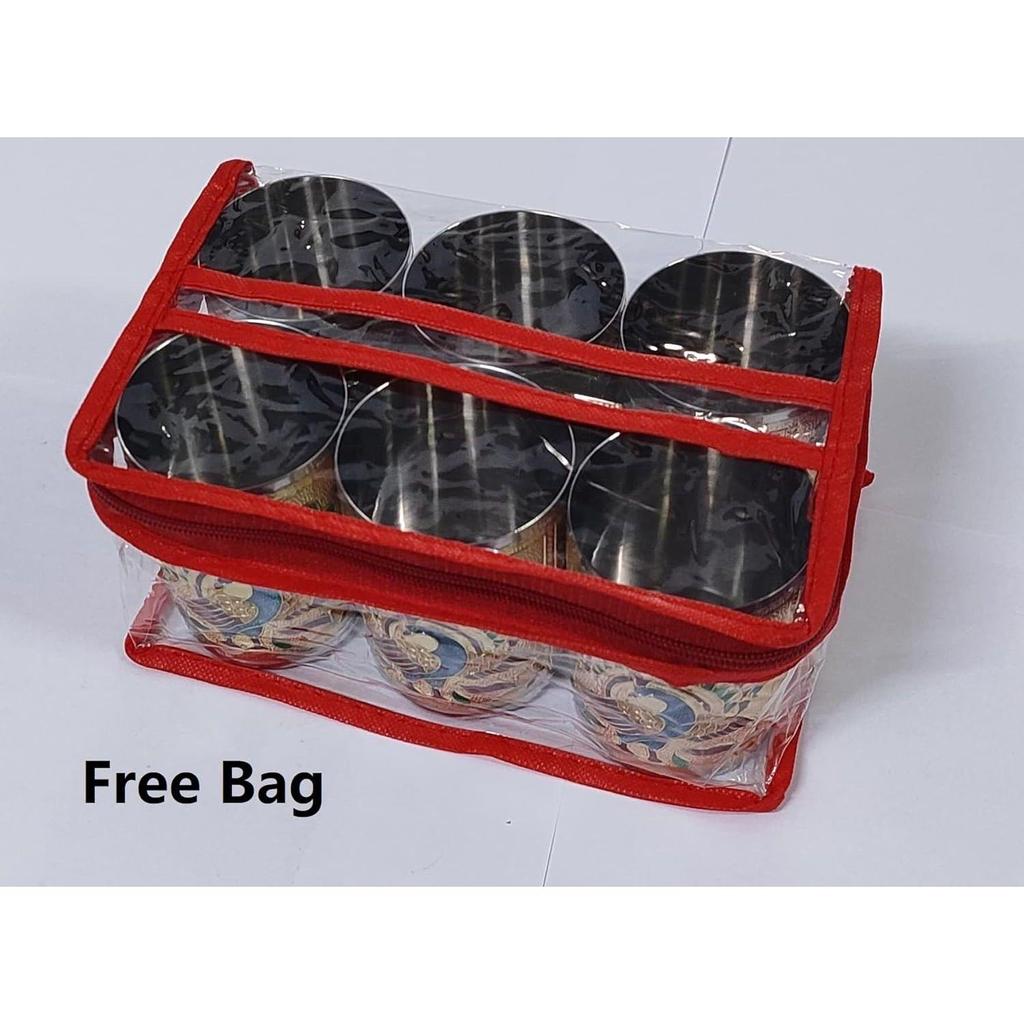 Stainless Steel Handmade Meenakari Peacock Design Decorative Glass Set for Home Traditional Indian Style Set of 6 Glass (Golden Color), 250 ml