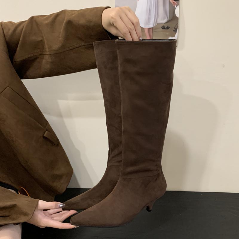 Eilyken Cizme de iarnă pentru femei, cu vârf ascuțit, până la genunchi, pantofi la modă cu toc jos subțire, botine pliate de designer