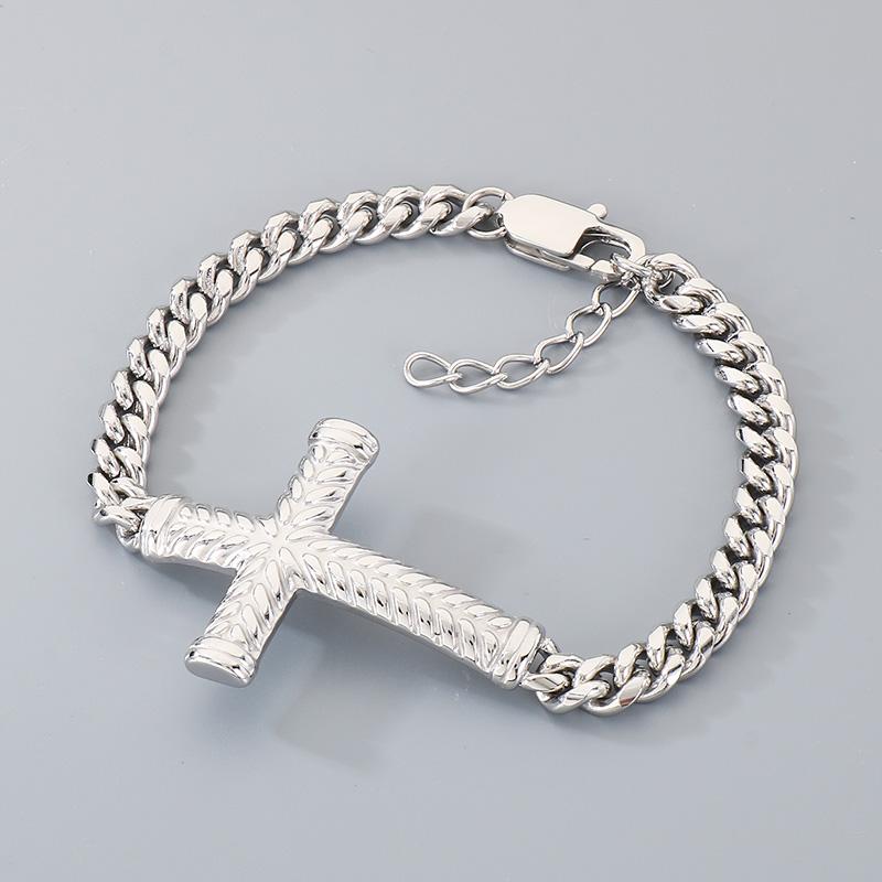 

Golden Cross Cuban Link Bracelet for Men Stainless Steel Chain with Adjustable Extender Jewelry Trendy Religious Daily Accessory 19.5cm